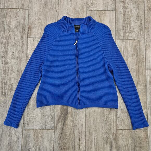 St. John Collection Blue Knit Zip Up Sweater Women’s M Ribbed Wool Blend Jacket - Picture 1 of 10